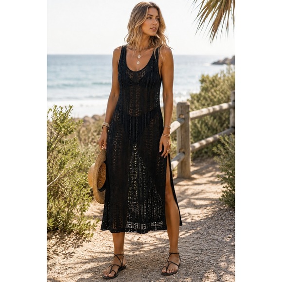 F&F Dresses & Skirts - F&F Black Cotton Crochet Dress XL Sleeveless Openweave Sheer Dress Side Slits